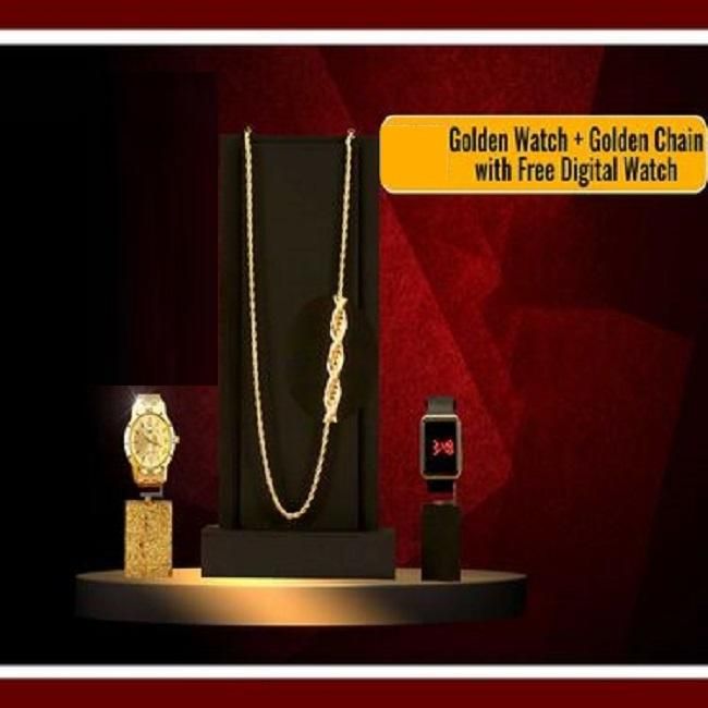 Golden Watch With Golden Chain with Free Digital Watch Combo