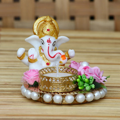 eCraftIndia Lord Ganesha Idol on Decorative Plate with Tea Light Holder